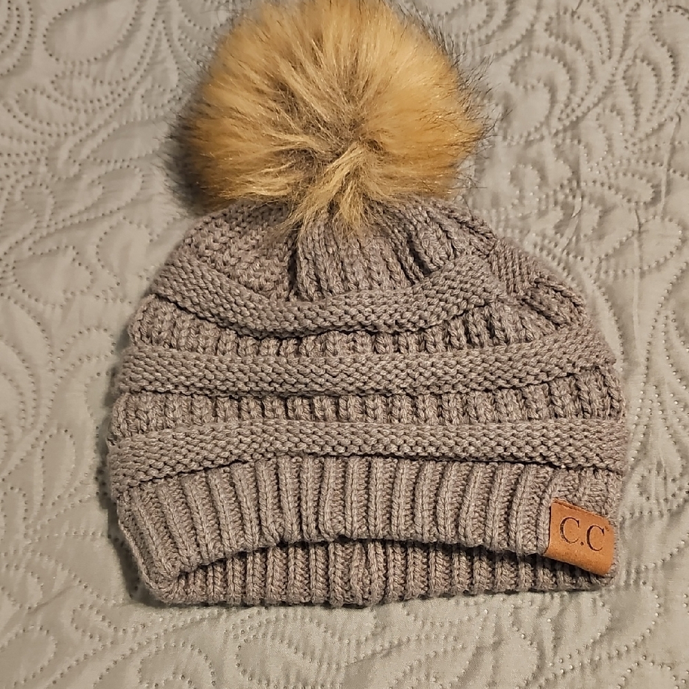 C.C Knit Pom Pom Beanie - Gray With Gray/Tan And Black Pom